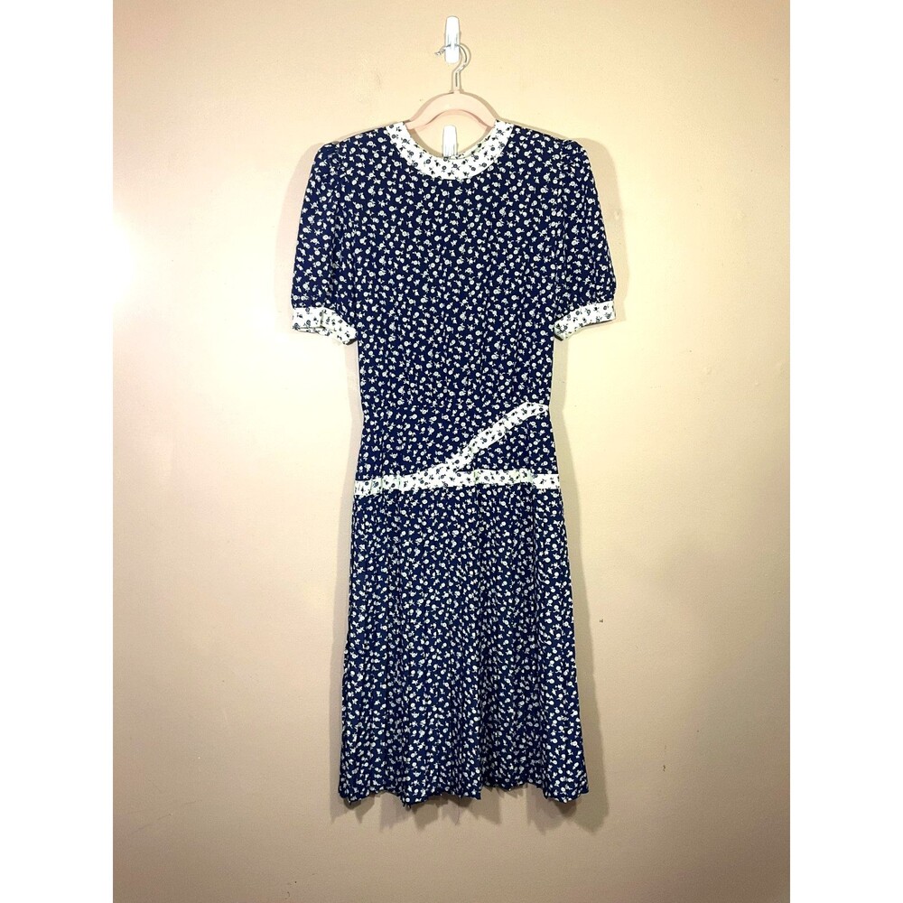 VTG Maggy Boutique Pleated Floral Maxi Dress 10 Blue 90s Cottage Party Prairie